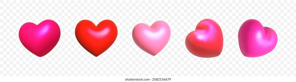 Red heart set isolated on transparent background. Love symbol. High quality 3D vector holiday elements