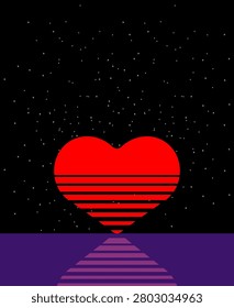 Red heart setting over water with striped horizon, symbolizing romance, love endings, or peaceful emotional closure.

