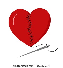 Red heart with sewing needle in flat design on white background. Fixing broken heart pieces. Love return.