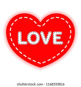 Red heart sewn with white thread and the word love. The concept of Valentine's day, recognition. Vector design element isolated on light background.