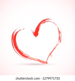Red heart with shadow hand painted with brush. Grunge textured shape of heart. Watercolor or acrylic painting effect. Valentine’s day postcard. Easy to edit vector element of design for your artworks.