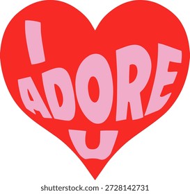 Forma de corazón rojo con el texto rosado de la tipografía de I Adore U para la tarjeta de felicitación del día de San Valentín y diseño romántico de la ropa