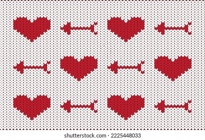 Rotes Herz und Pfeil auf weißem Hintergrund für Strickmuster. Design für Teppich, Tapeten, Kleidung, Umhüllung, Batik, Stoff, Vektorgrafik Stickereistil.