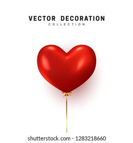 Red heart shape balloon  isolated on white background. Holiday element design realistic baloon with gold ribbon and bow