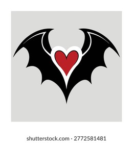 Of a red heart shape with black bat wings on a grey square background, vampire gothic