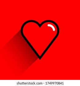 Forma de corazón rojo con trazo de línea negra. Icono médico, signo de amor y símbolo del Día de la Fiesta de San Valentín. Forma plana con sombra larga sobre el fondo de la sangre roja. Ilustración del vector guardada como archivo de pasos