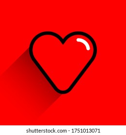 Red heart shape with black line stroke. Medical icon, love sign and symbol of Feast of Saint Valentine Day. Flat form with long shadow on red blood background. Vector illustration EPS file format