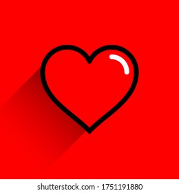 Forma de corazón rojo con trazo de línea negra. Icono médico, signo de amor y símbolo del Día de la Fiesta de San Valentín. Forma plana con sombra larga sobre el fondo de la sangre roja. Formato de archivo de eps de ilustración de vector