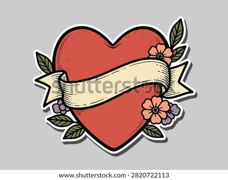 Red Heart Shape with Blank Ribbon Banner and Flowers Vector Illustration in Traditional Old School Style Sticker.