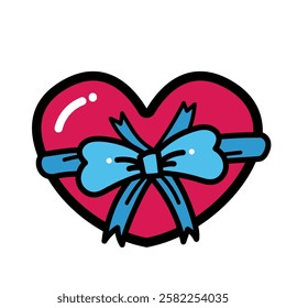 Red heart shape box blue Ribbon love isolated on white background. For your valentines day, wedding or love presents design.