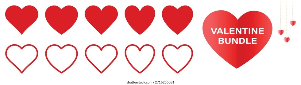 Paquete rojo de la forma del corazón para el día de San Valentín, Colección de los iconos sólidos y del corazón del contorno, Elementos de diseño románticos fijados con los corazones colgantes para la Boda y las Ilustraciones del amor