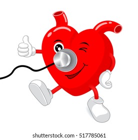 Red heart shape checked up by Stethoscope. Heart character mascot, vector illustration isolated on white background. Healthy concept.