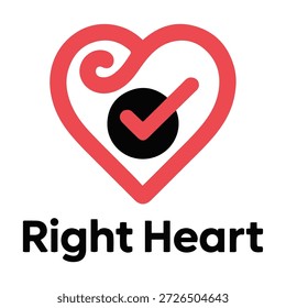 Una forma de corazón rojo con una marca de verificación en el centro, que representa la Aprobación o la corrección. El texto 'Corazón derecho' está escrito debajo del corazón.