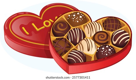 Red Heart Shape Chocolate Box with Premium Chocolate Candies. Valentine`s Day Gift Detailed Illustration 