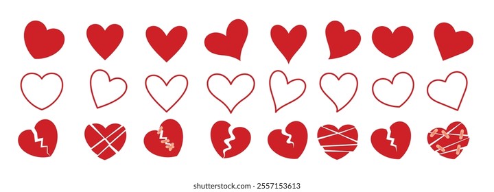 Red heart shape clipart set for valentine's day. Red heart icon clip art collection with love symbol, outline and broken sign valentine decoration elements. Vector illustration valentine's day flat