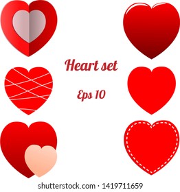 Red Heart Shape Collection - Paper Cut Style, Heart With White Stich Line, Heart With White Crossing Lines, Heart With Light And Shadow And Two Nearts Composition. Vector Illustration Set. 