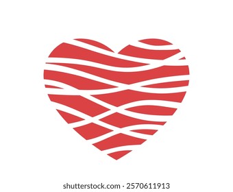 Red heart shape with curved lines. Love and romantic symbol. Valentines design element. Isolated vector image