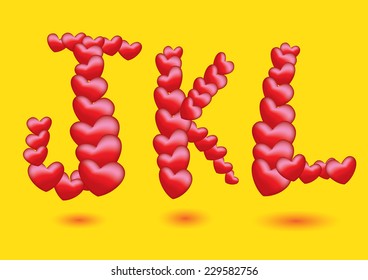 Red heart shape design vector fonts for Valentines Day and special occasions. Alphabets J K and L isolated on yellow background 