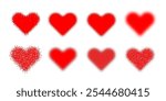 Red heart shape in different style: soft blur, halftone, stipple dots. Love symbol set 