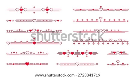 Red heart shape divider line vector. Love and romance border for greeting card. Valentine Day decoration.