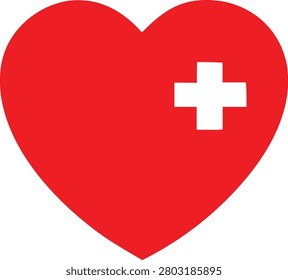 Red heart shape featuring a medical cross cutout, symbolizes cardiology health, clinical care, hospital treatment, love, life support, and medical wellbeing services design.