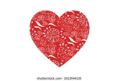 Red heart shape with floral pattern for love greeting card design for print and web - isolated on white background