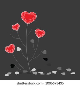 Red heart shape flowers in dark grey background, Vector illustration of valentines day card with copy space