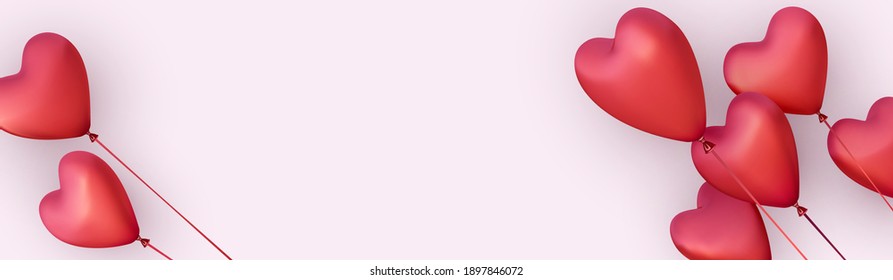 Red heart shape flying balloons on pink background. Holiday, Birthday poster, banner, card. Vector illustration.
