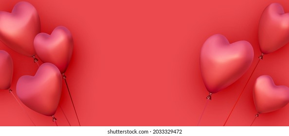 Red heart shape flying balloons. Holiday, Wedding, Birthday, Valentine's Day template. Vector illustration.