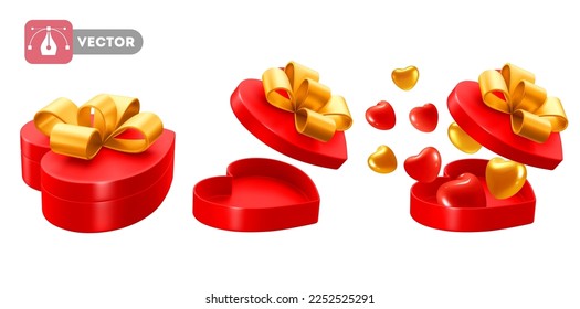 Red heart shape gift boxes with beautiful golden bow. Open, closed  and with hearts, which flying out, gifts set. 3d Realistic Vector illustration EPS10