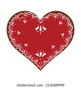 Red heart shape gingerbread cookie with icing decoration for valentines day vector, eps 10