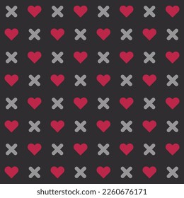 Red heart shape and gray cross. Seamless black background pattern. Texture design for fabric, tile, banner, template, card, poster, backdrop, wall. Vector illustration.