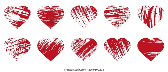 Red heart shape grunge, symbol of Valentines's day. Set of design elements.Vector illustration