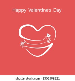 Red heart shape with hand embrace.Hug yourself logo.Love yourself logo.Love and Heart Care icon.Happy valentines day concept.Healthcare & medical concept.Vector illustration
