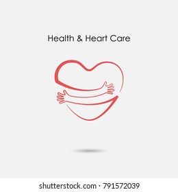 Red Heart Shape With Hand Embrace.Hug Yourself Logo.Love Yourself Logo.Love And Heart Care Icon.Happy Valentines Day Concept.Healthcare & Medical Concept.Vector Illustration
