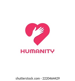 red heart shape and hand touching heart.humanity logo vector design