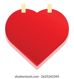 Red heart shape is hanging from two pieces of tape on a white background