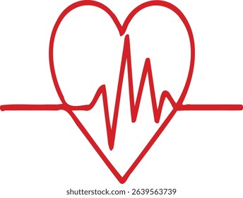 Red heart shape with heartbeat line isolated on transparent background.