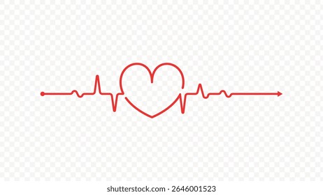 Red Heart Shape with Heartbeat Line Vector Illustration on Transparent Background