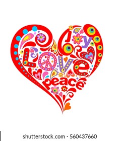 Red heart shape with hippie symbolic
