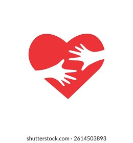 Red heart shape with hugging arms. Love yourself. Flat vector illustration.