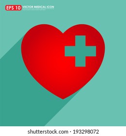 Red heart shape icon with first aid sign on light green background