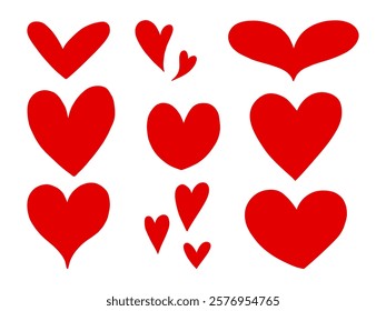 Red Heart Shape Icon Various Sizes and Style. A charming set of red heart icons in diverse sizes and shapes, perfect for Valentine’s Day, romantic designs, and heartfelt projects