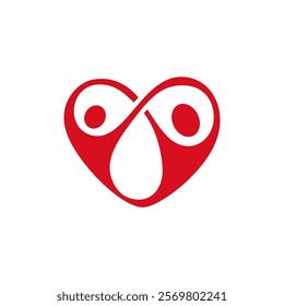 A red heart shape with an infinity symbol and two dots inside