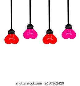 Red heart shape lamp bulb vertical hanging. Romantic cute lamp red pink colour clip art cartoon style. Valentine lamp bulb with black string vector illustration. Valentine lamp. February 14