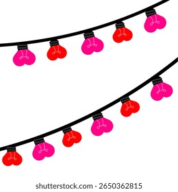 Red heart shape lamp bulb vertical hanging diagonal. Romantic cute lamp red pink colour clip art cartoon style. Valentine lamp bulb with black string vector illustration