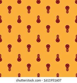 Red Heart shape in a light bulb icon isolated seamless pattern on brown background. Love symbol. Valentine day symbol.  Vector Illustration
