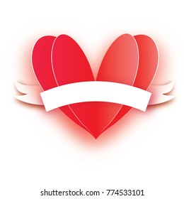 Red Heart Shape. Love in paper cut style. Origami Valentine day. Ribbon tape for text. Romantic Holidays. 14 February. Be my valentine.