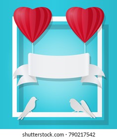 Red Heart Shape. Love in paper cut style. Origami Valentine day. Ribbon tape for text. Romantic Holidays. 14 February. Be my valentine. Heart baloon. Blue sky with clouds.