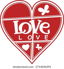 Rotes Herz Form mit Liebe Text und Schmetterling und Herz-Ikonen weiß Valentine